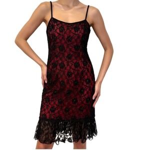 Mia Bella Black Lace Beaded Red Lining Cocktail Dress Size 12 Y2K Whimsigoth